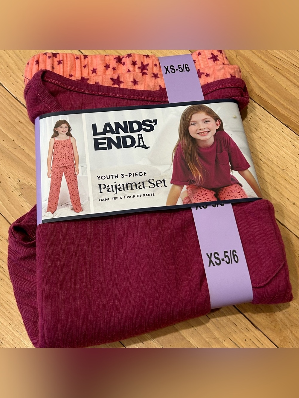 NWT Lands End 3-Piece Pink Star Youth Pajama Set - Girl’s Size XS 5/6